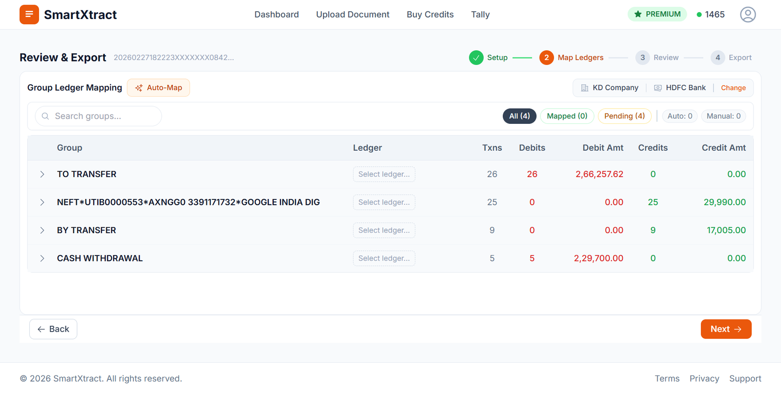 SmartXtract AI auto ledger mapping — bank transactions grouped and mapped to Tally ledgers