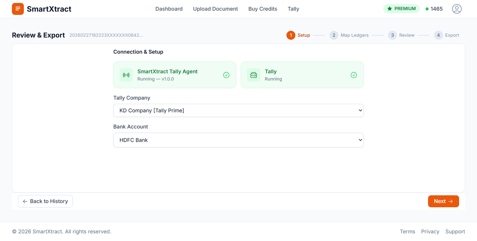SmartXtract Tally Agent connection setup showing company and bank account selection